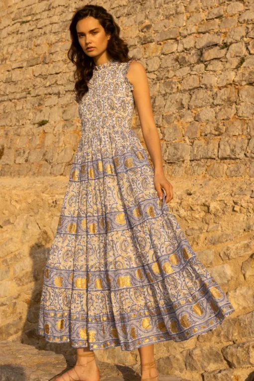 Oliphant Sleeveless Smocked Maxi- Marseille Blue