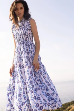 Oliphant Sleeveless Smocked Maxi- Toscana Blue