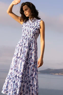 Oliphant Sleeveless Smocked Maxi- Toscana Blue