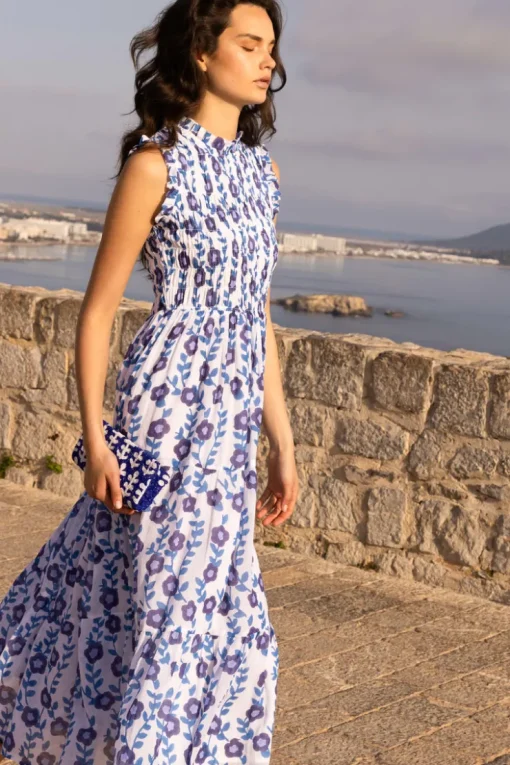 Oliphant Sleeveless Smocked Maxi- Toscana Blue