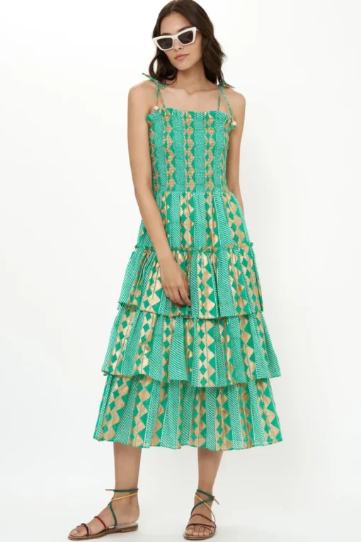 Oliphant Smocked Tie Strap Midi- Ascot Teal