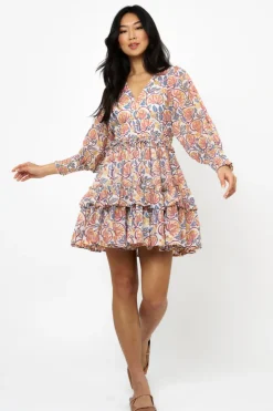 Oliphant Smocked Waist V-Neck Mini- Montenegro Coral