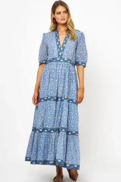 Oliphant V-Neck Cuffed Maxi- Budapest Blue