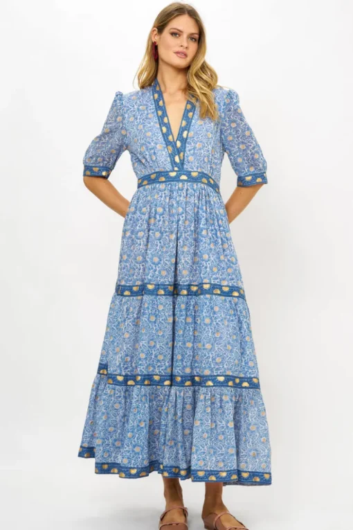 Oliphant V-Neck Cuffed Maxi- Budapest Blue