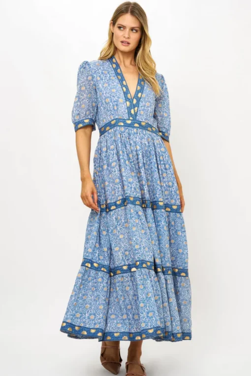 Oliphant V-Neck Cuffed Maxi- Budapest Blue