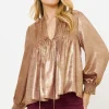 Oliphant V-Neck Pintuck Blouse- Cairo Gold