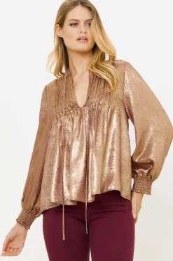 Oliphant V-Neck Pintuck Blouse- Cairo Gold