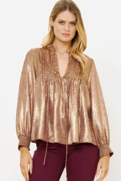 Oliphant V-Neck Pintuck Blouse- Cairo Gold